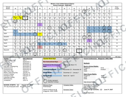 Winters Joint Unified School District USD 2026-27 calendar