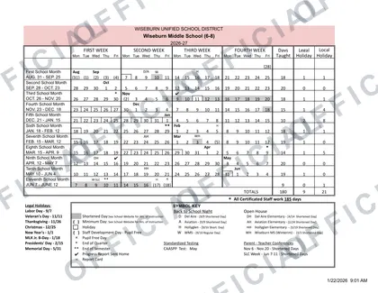Wiseburn Middle School 6-8 2026-27 calendar