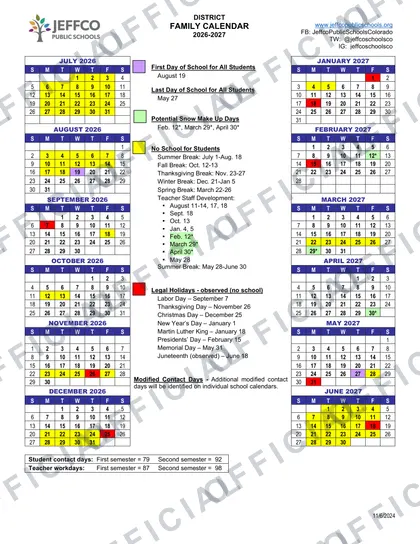Jeffco Public Schools 2026-27 calendar