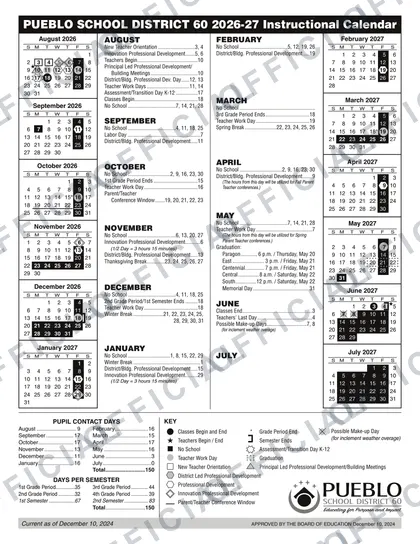 Pueblo School District 60 2026-27 calendar