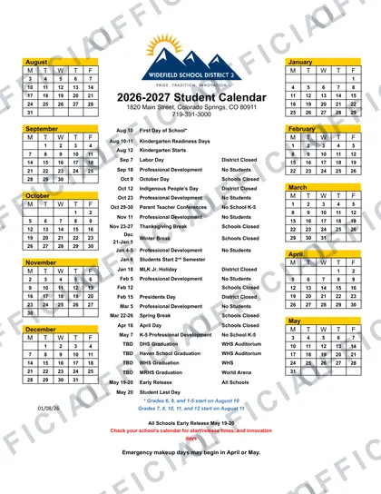 Widefield School District 3 2026-27 calendar
