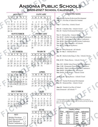ANSONIA PUBLIC SCHOOLS 2026-27 calendar