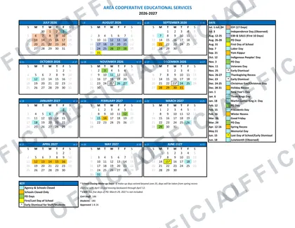 AREA COOPERATIVE EDUCATIONAL SERVICES 2026-27 calendar