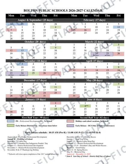 Bolton Public Schools 2026-27 calendar