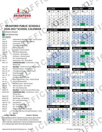 Branford Public Schools 2026-27 calendar