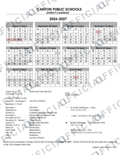 Canton Public Schools 2026-27 calendar