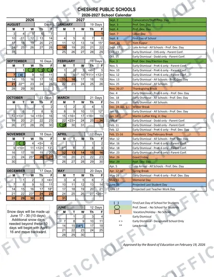 Cheshire Public Schools 2026-27 calendar