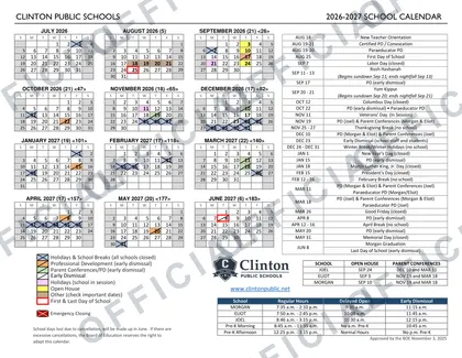 Clinton Public Schools 2026-27 calendar