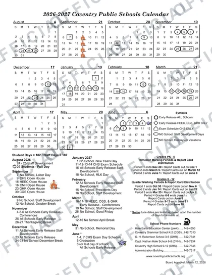 Coventry Public Schools 2026-27 calendar