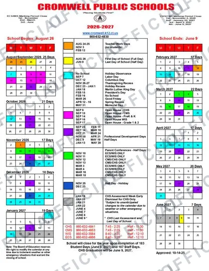 CROMWELL PUBLIC SCHOOLS 2026-27 calendar