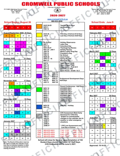 CROMWELL PUBLIC SCHOOLS 2026-27 calendar