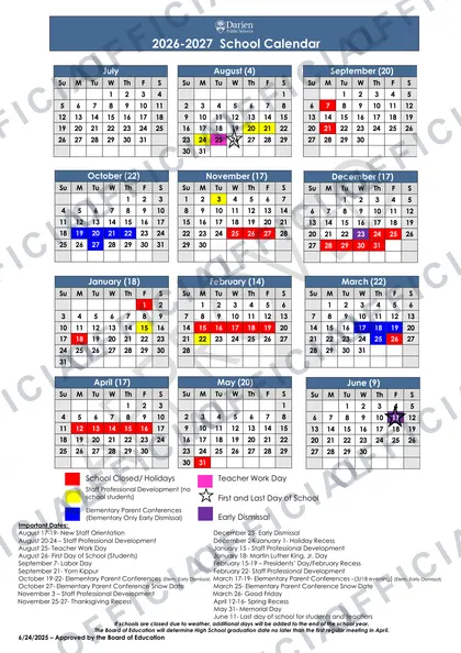 Darien Public Schools 2026-27 calendar