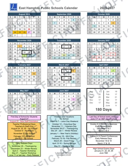 East Hampton Public Schools 2026-27 calendar