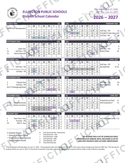 Ellington Public Schools 2026-27 calendar