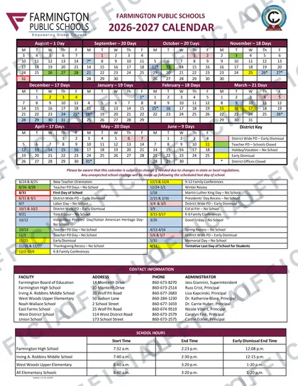 Farmington Public Schools 2026-27 calendar