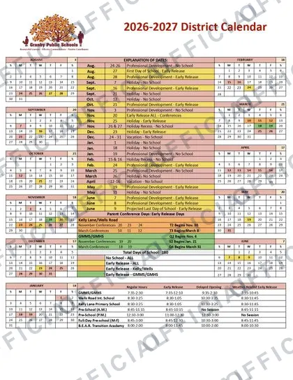 Granby Public Schools 2026-27 calendar