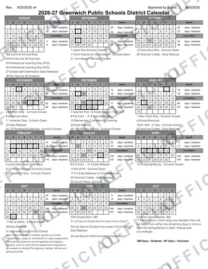 Greenwich Public Schools 2026-27 calendar