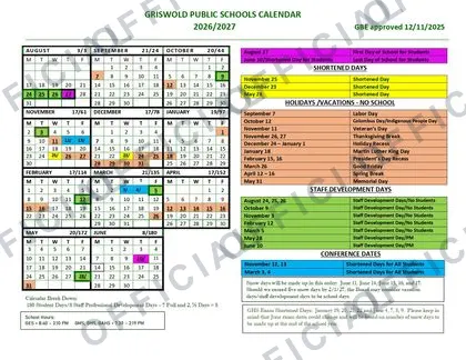 Griswold Public Schools 2026-27 calendar