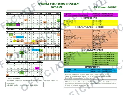 Griswold Public Schools 2026-27 calendar