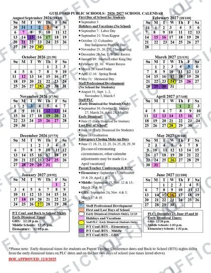 Guilford Public Schools 2026-27 calendar