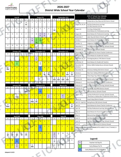 Hartford Public Schools 2026-27 calendar