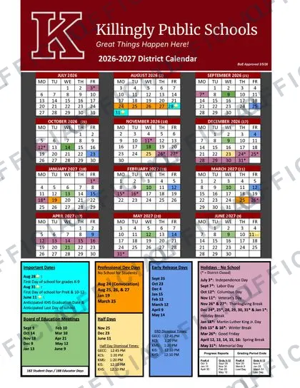 Killingly Public Schools 2026-27 calendar