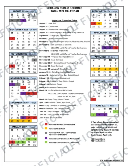 LEBANON PUBLIC SCHOOLS 2026-27 calendar