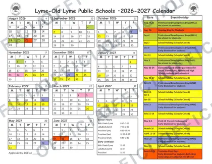 Lyme-Old Lyme Public Schools 2026-27 calendar