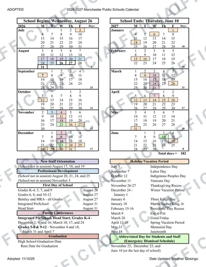 Manchester Public Schools 2026-27 calendar