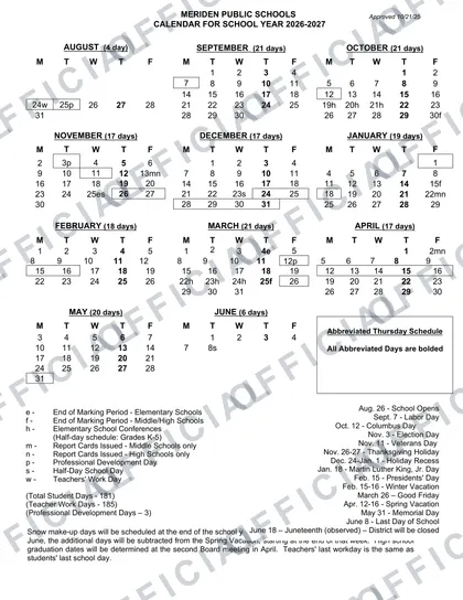 Meriden Public Schools 2026-27 calendar