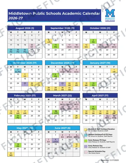 Middletown Public Schools 2026-27 calendar