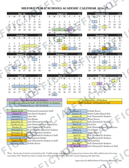 Milford Public Schools 2026-27 calendar