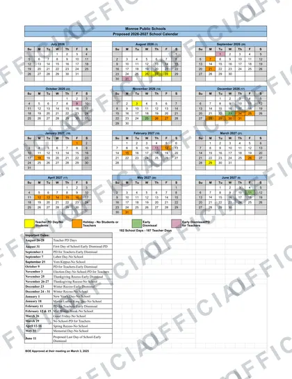Monroe Public Schools 2026-27 calendar