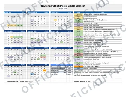 Newtown Public Schools 2026-27 calendar
