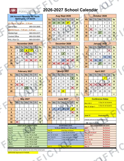 North Stonington Public Schools 2026-27 calendar