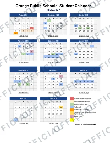 Orange Public Schools 2026-27 calendar