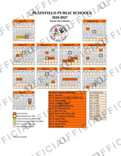 PLAINFIELD PUBLIC SCHOOLS 2026-27 calendar