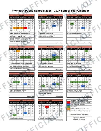 Plymouth Public Schools 2026-27 calendar