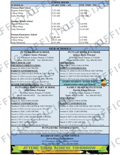 Putnam Public Schools 2026-27 calendar