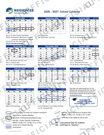 Region 12 Schools 2026-27 calendar