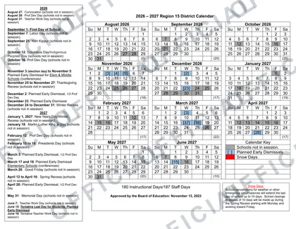 Region 15 District 2026-27 calendar