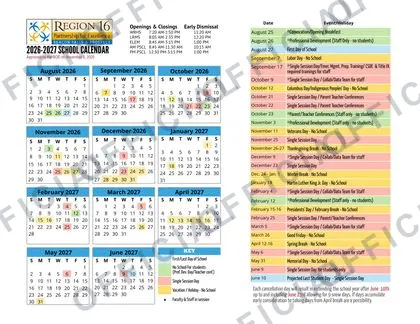 Region 16 public schools 2026-27 calendar
