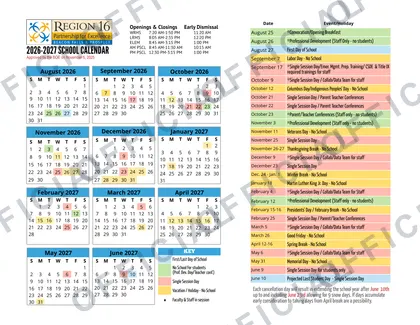 REGION 16 2026-27 calendar