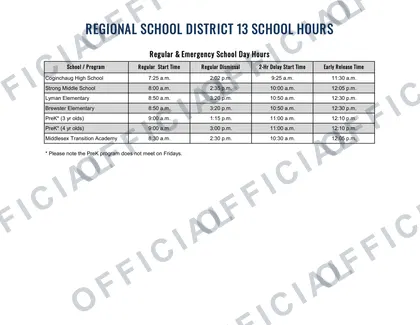 Regional School District 13 2026-27 calendar