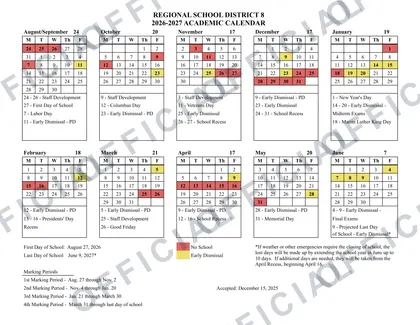 REGIONAL SCHOOL DISTRICT 8 2026-27 calendar