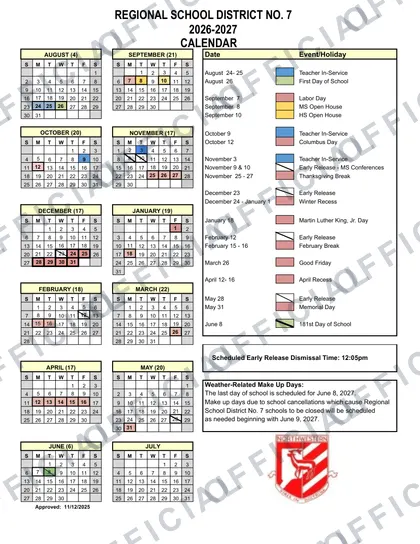 Regional School District No. 7 2026-27 calendar