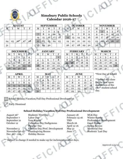 Simsbury Public Schools 2026-27 calendar