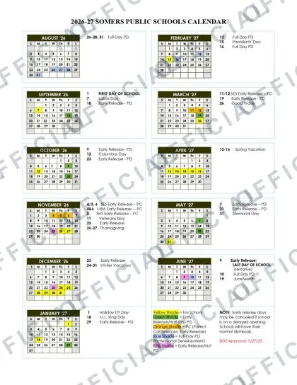 Somers Public Schools 2026-27 calendar