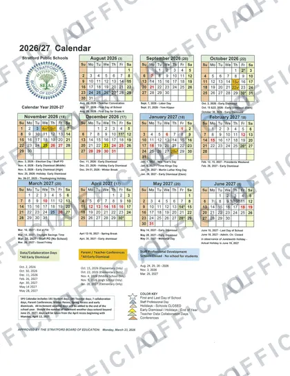 Stratford Public Schools 2026-27 calendar
