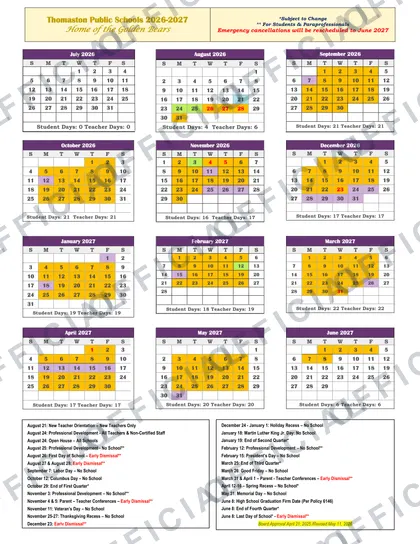 Thomaston Public Schools 2026-27 calendar